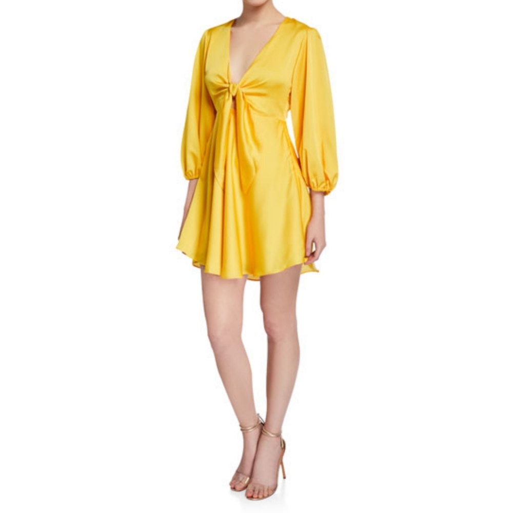 Tie-Front Mini Dress - Yellow - Long Sleeves